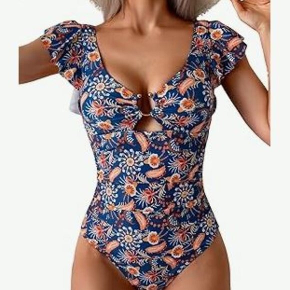 Eomenie Women's One Piece Swimsuit Tummy Control Ruffle NWOT Size Medium Blue - Picture 1 of 4